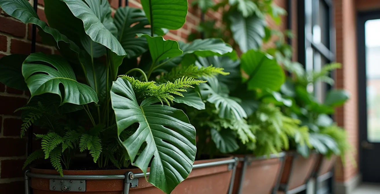 Interior de loft con jardín vertical de múltiples verdes texturizados, desde helechos finos hasta monstera de hojas gigantes contra ladrillo visto