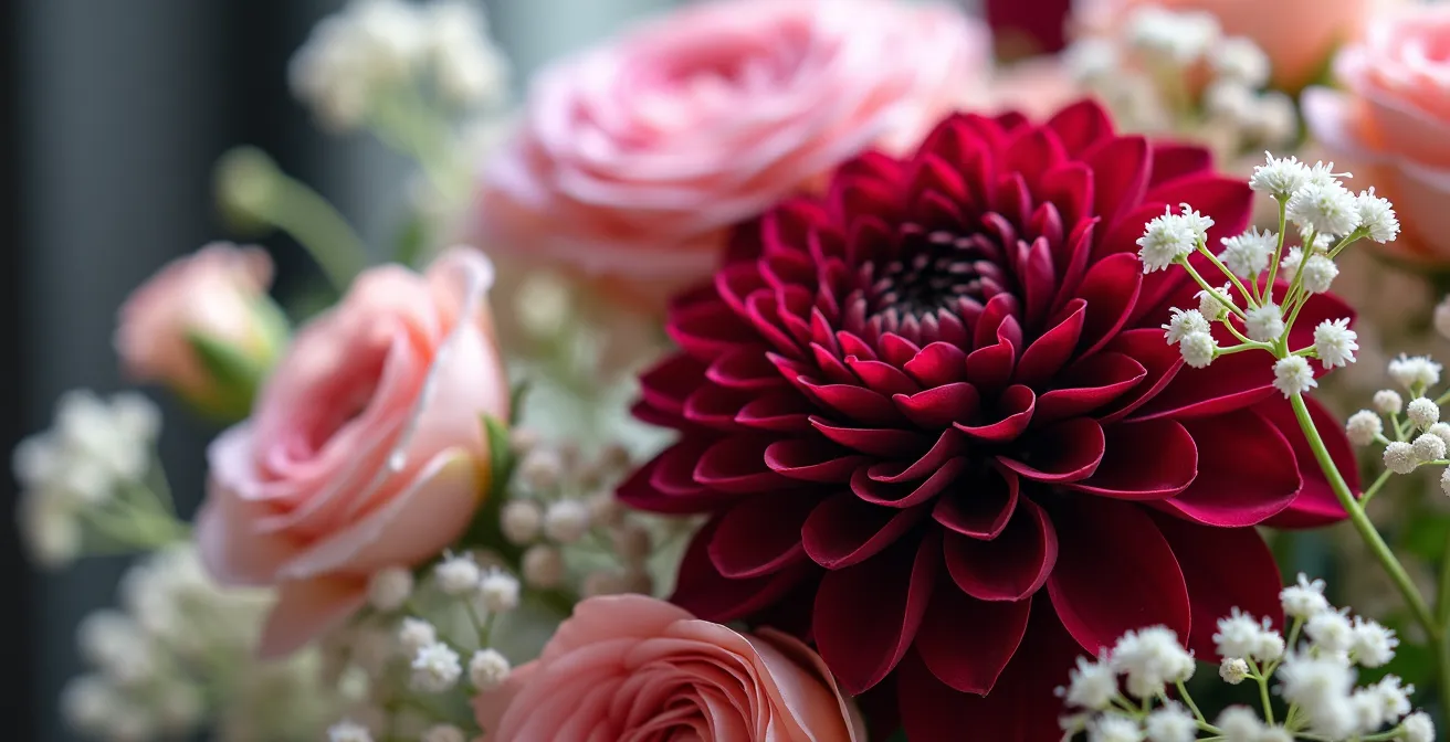 Composición floral mostrando jerarquía visual con flores de distintos tamaños, desde grandes peonías hasta pequeñas margaritas