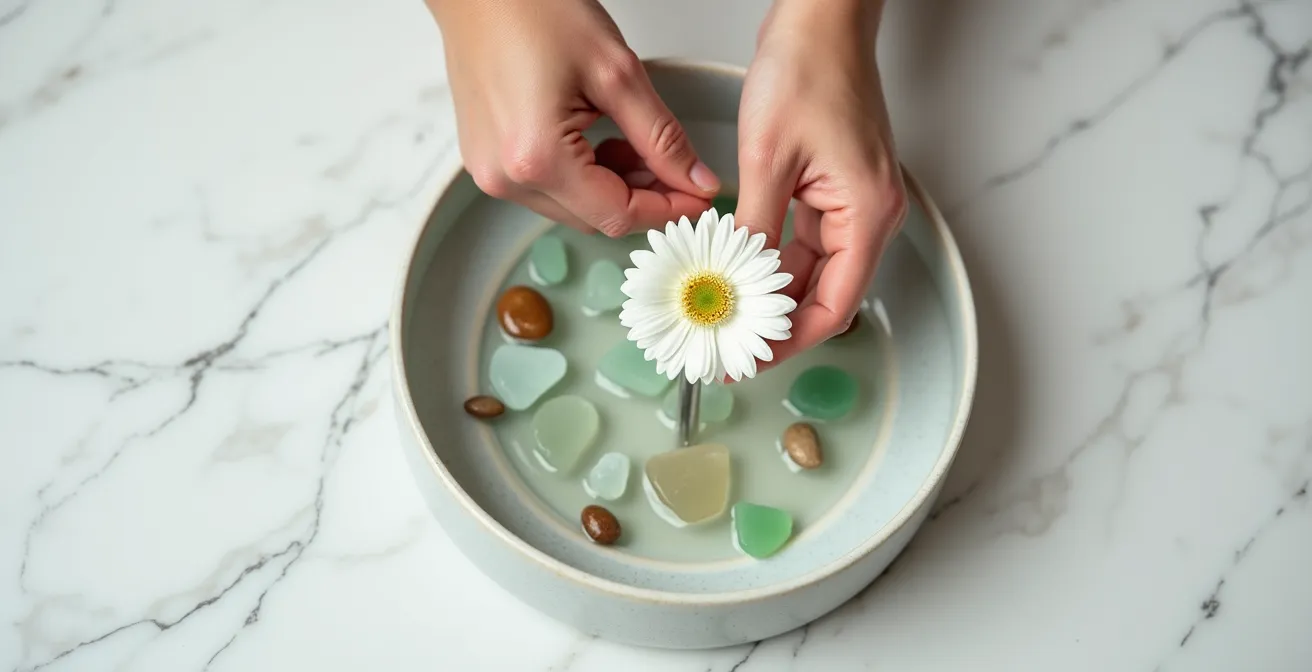 Primer plano de un kenzan visible en un recipiente con agua, piedras y tres tallos de flores, mostrando la mecánica del arreglo como parte del diseño.