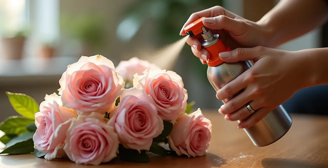 Manos limpiando delicadamente un arreglo de flores preservadas con aire comprimido