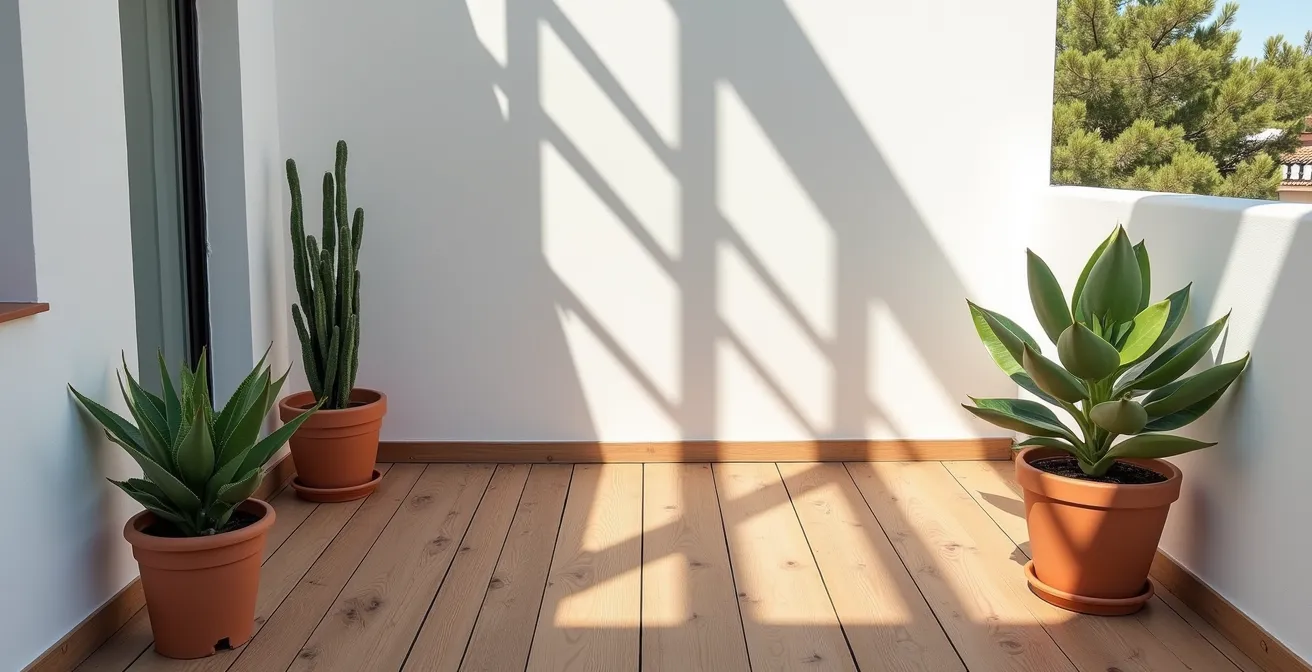 Vista aérea minimalista de un balcón con zonas de luz y sombra claramente definidas durante el día