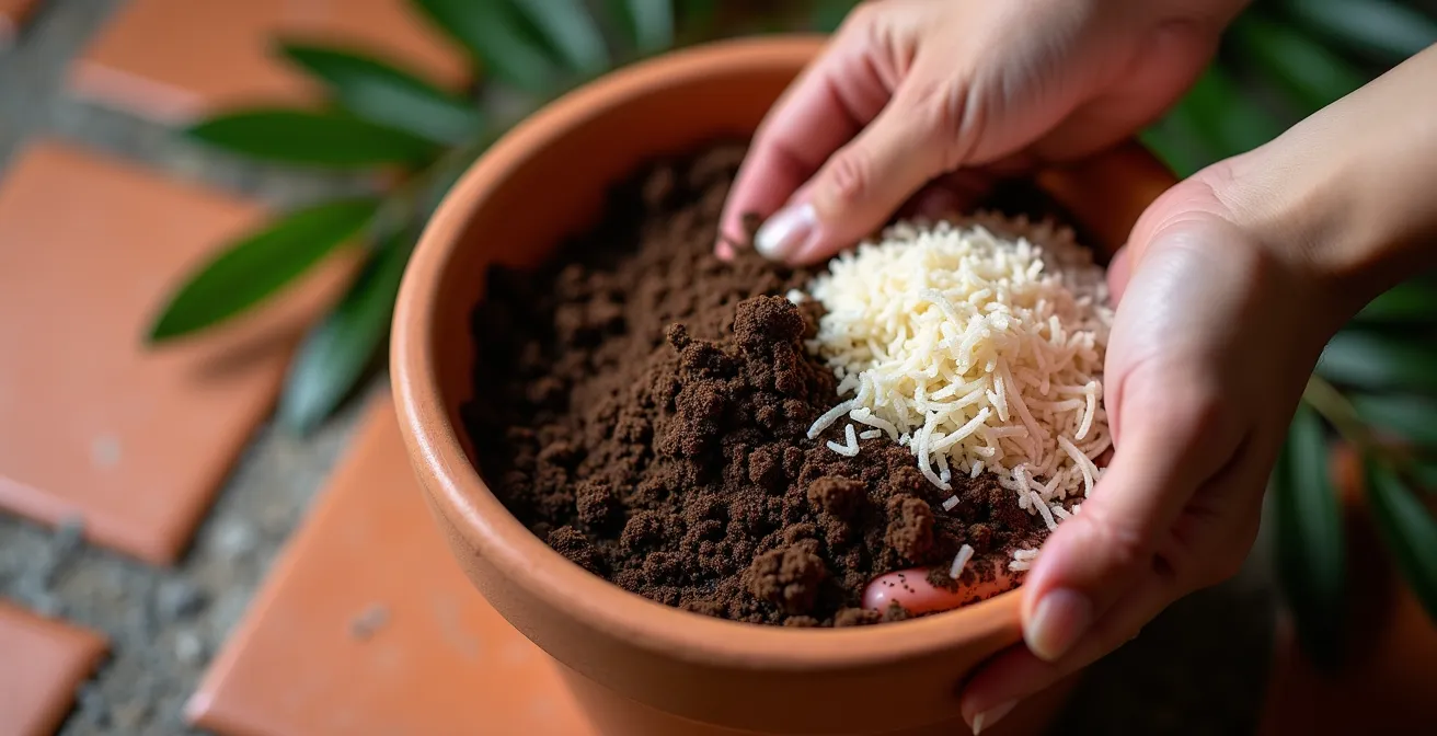 Manos mezclando fibra de coco hidratada con humus de lombriz en una maceta de terracota