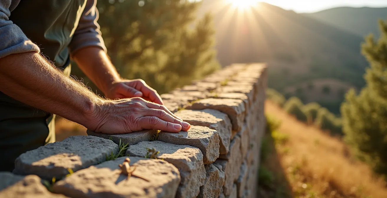 Muro tradicional de piedra seca con lagartijas y plantas autóctonas creciendo entre las grietas