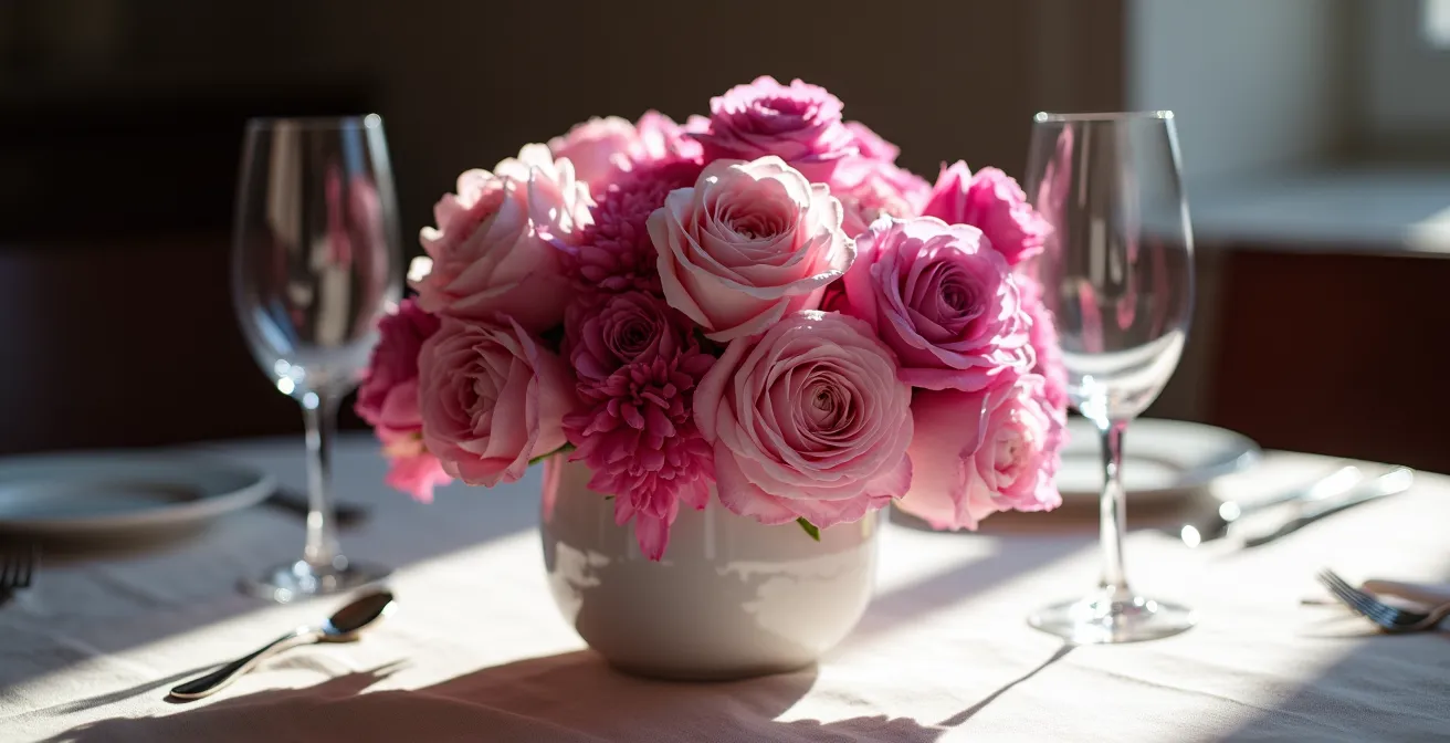 Arreglo floral con colores análogos en tonos rosa, fucsia y morado sobre mesa