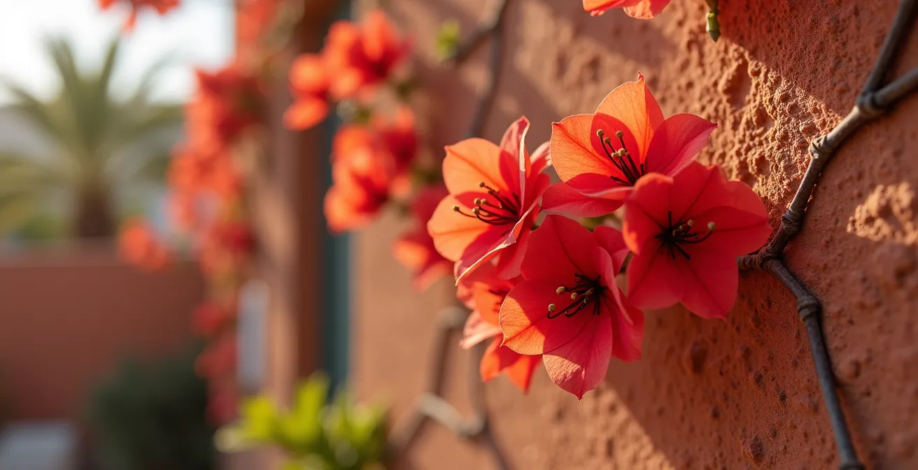 Plantas resistentes al calor en pared orientada al sur con buganvilla