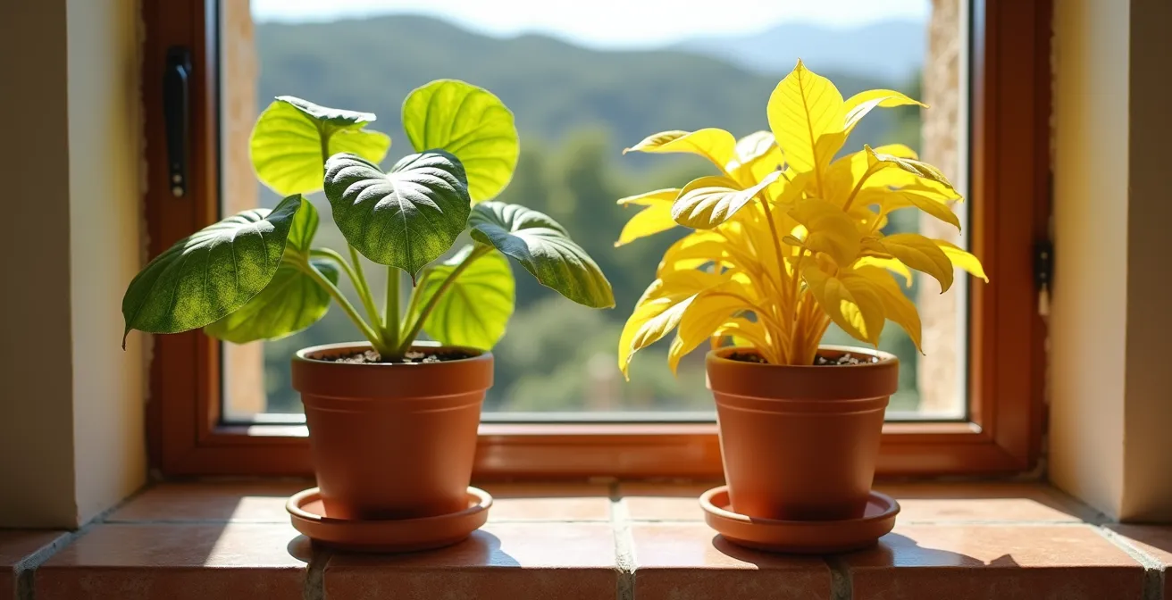 Comparación visual entre hojas con clorosis férrica y hojas con exceso de riego