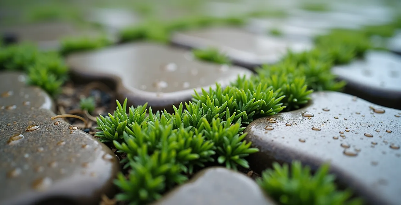 Pavimento permeable con juntas verdes mostrando plantas tapizantes entre adoquines para drenaje natural