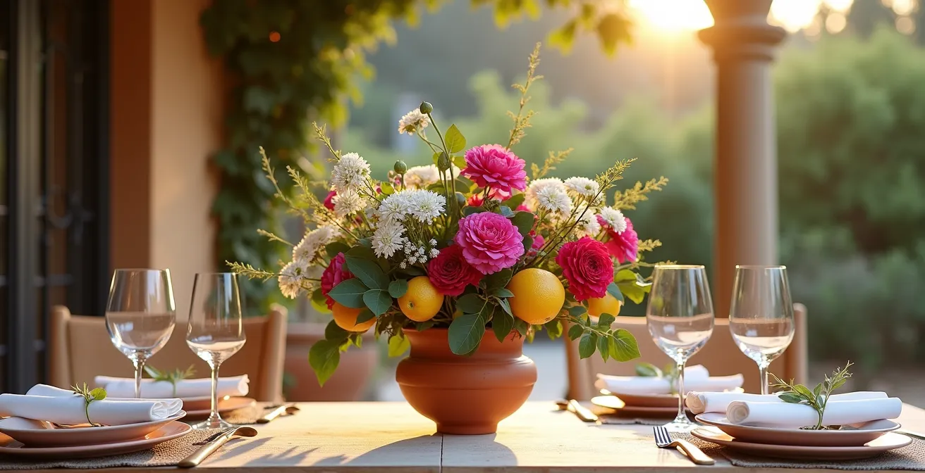 Centro de mesa con equilibrio de peso visual usando elementos mediterráneos como claveles, limones y ramas de olivo.