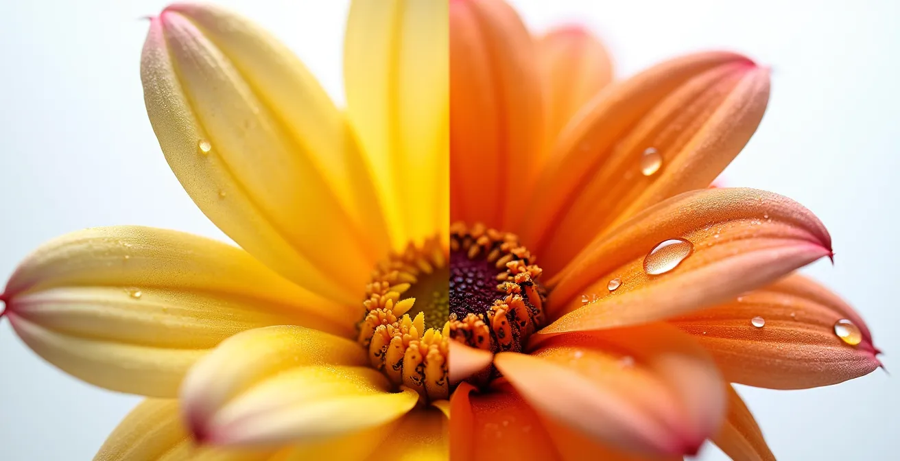 Comparación visual entre flores tratadas con pesticidas y flores de cultivo ecológico