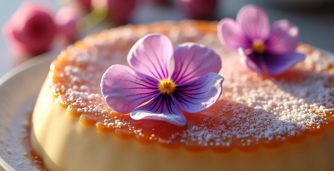 Pétalos de rosa y violeta cristalizados sobre postres tradicionales españoles como la crema catalana.