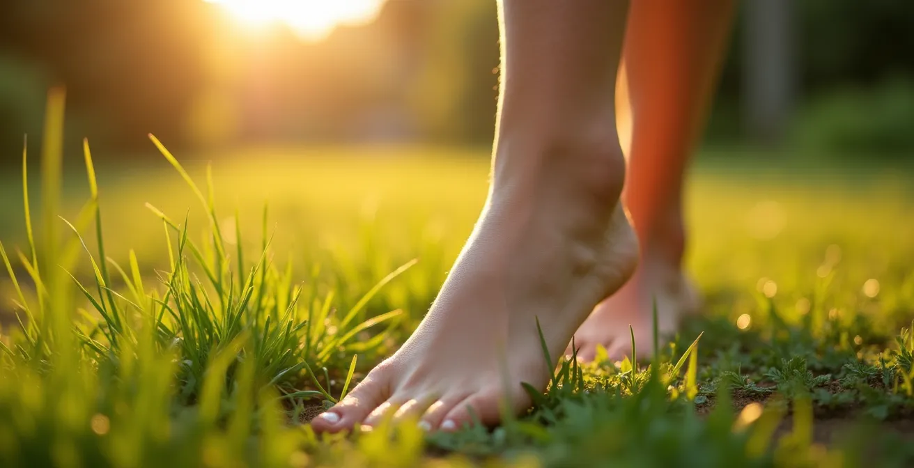 Pies descalzos sobre césped húmedo con rocío matutino en luz dorada