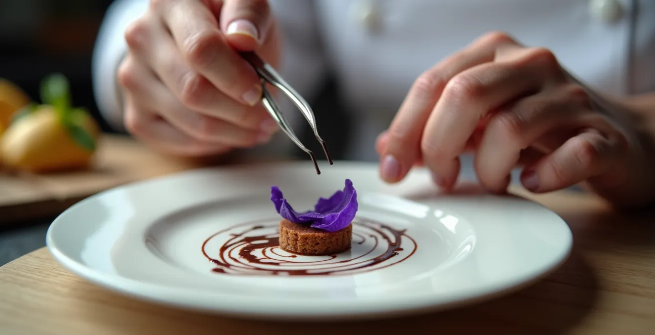 Manos de chef usando pinzas de precisión para colocar delicadamente un pétalo sobre un postre
