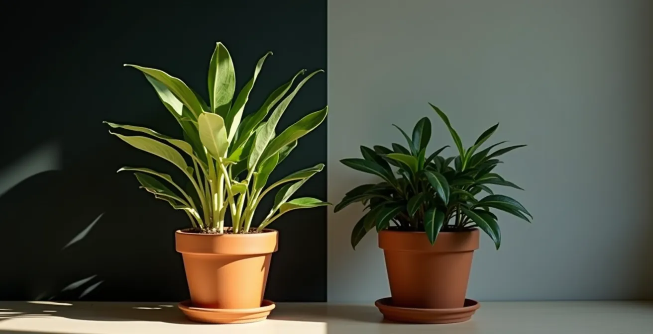 Comparación visual entre planta forzada débil y planta de vivero robusta