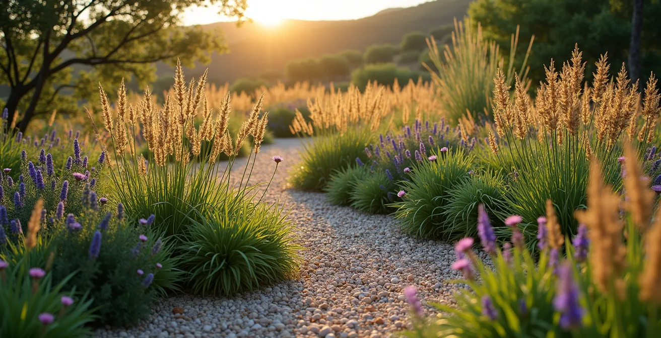 Vista aérea de plantación matricial con gramíneas y vivaces en jardín mediterráneo