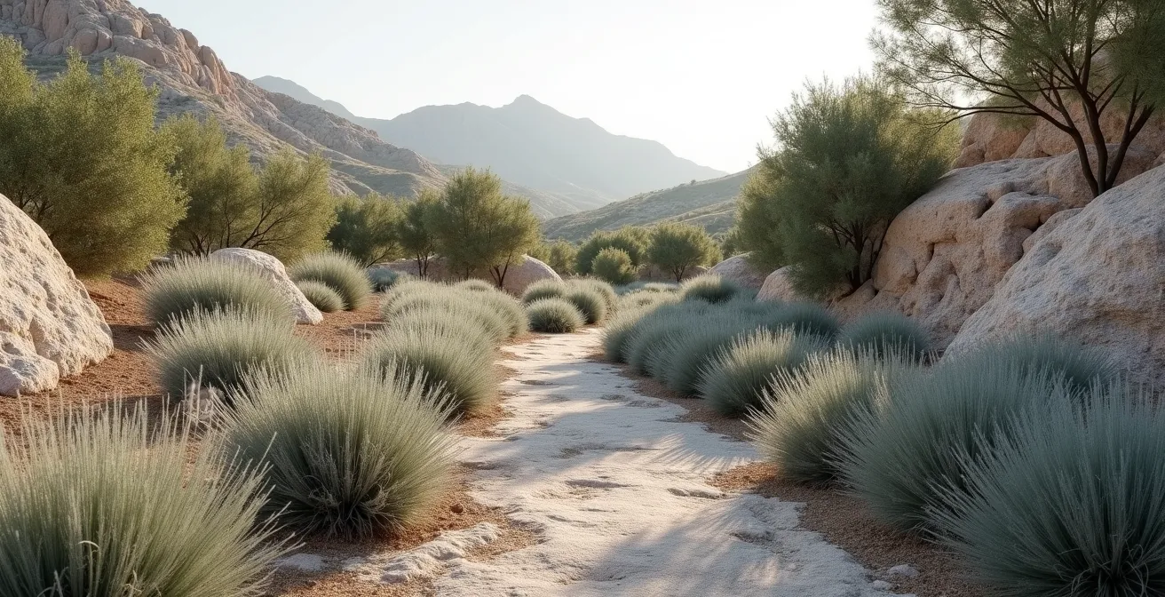 Vista amplia de jardín mediterráneo con plantas calcícolas en suelo calcáreo