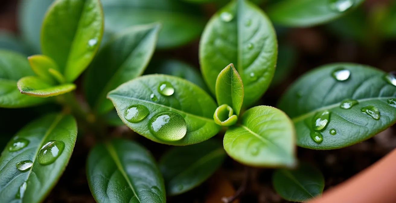 Detalle macro de plantas cobertoras Vinca con hojas caídas integradas naturalmente en el follaje