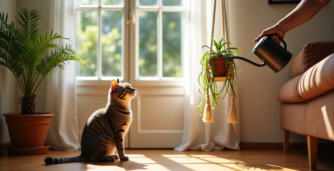 Plantas pet-friendly en soportes altos y macramé colgante fuera del alcance de mascotas