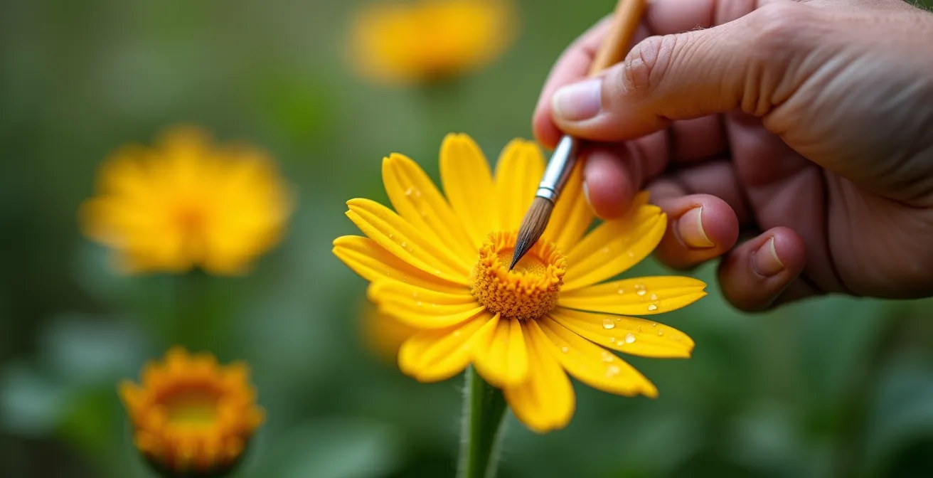 Primer plano de una mano sosteniendo un pincel tocando delicadamente el centro de una flor amarilla de calabacín