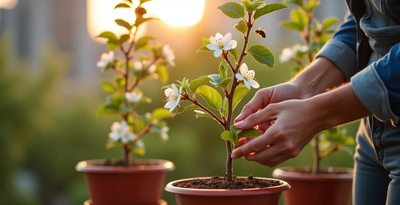 Dos manzanos en macetas de terraza con abejas polinizando las flores