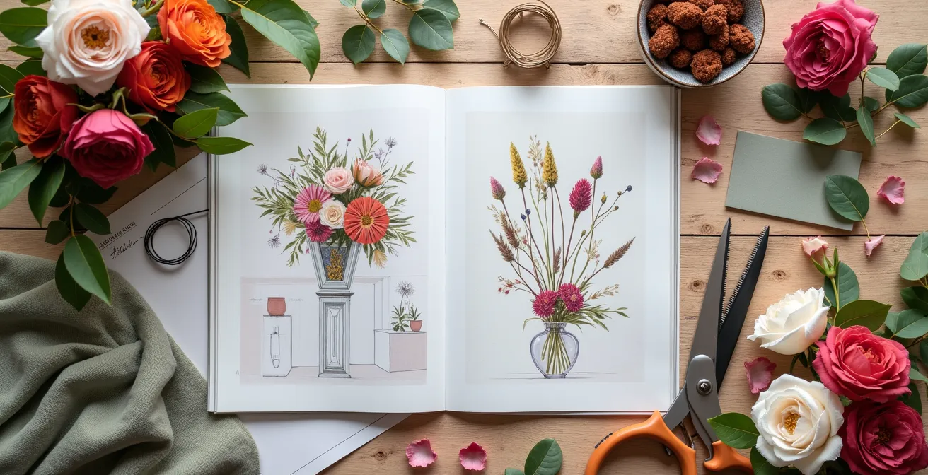 Mesa de trabajo de diseñador floral con bocetos, muestras de flores y herramientas profesionales