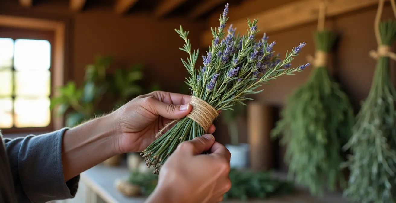 Proceso de secado tradicional de hierbas aromáticas colgadas en un espacio mediterráneo