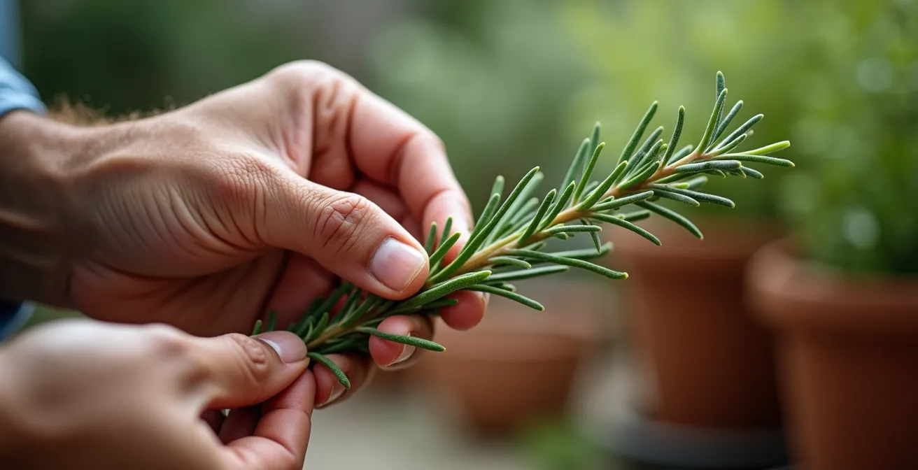 Demostración táctil del tallo cuadrado característico del romero, girándolo entre los dedos.