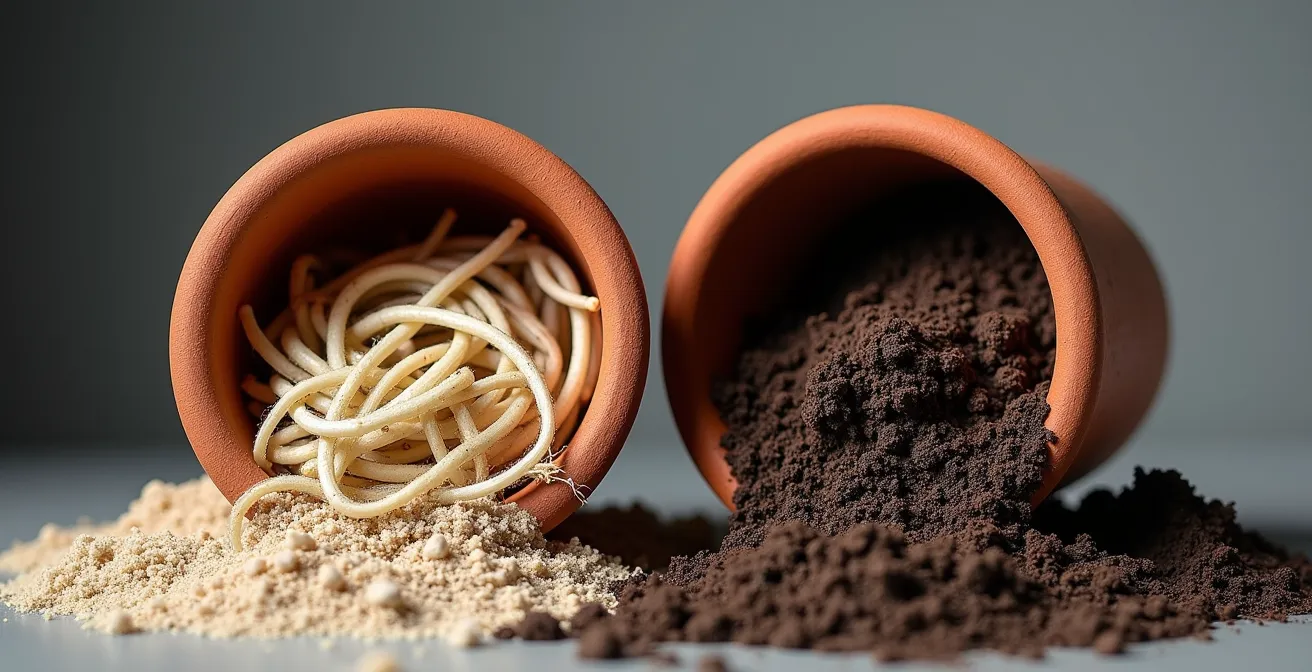 Comparación visual de sistema radicular sano de una planta mediterránea versus uno dañado por exceso de riego