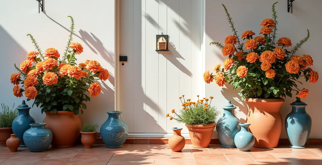 Composición floral inspirada en la arquitectura andaluza con contraste azul naranja
