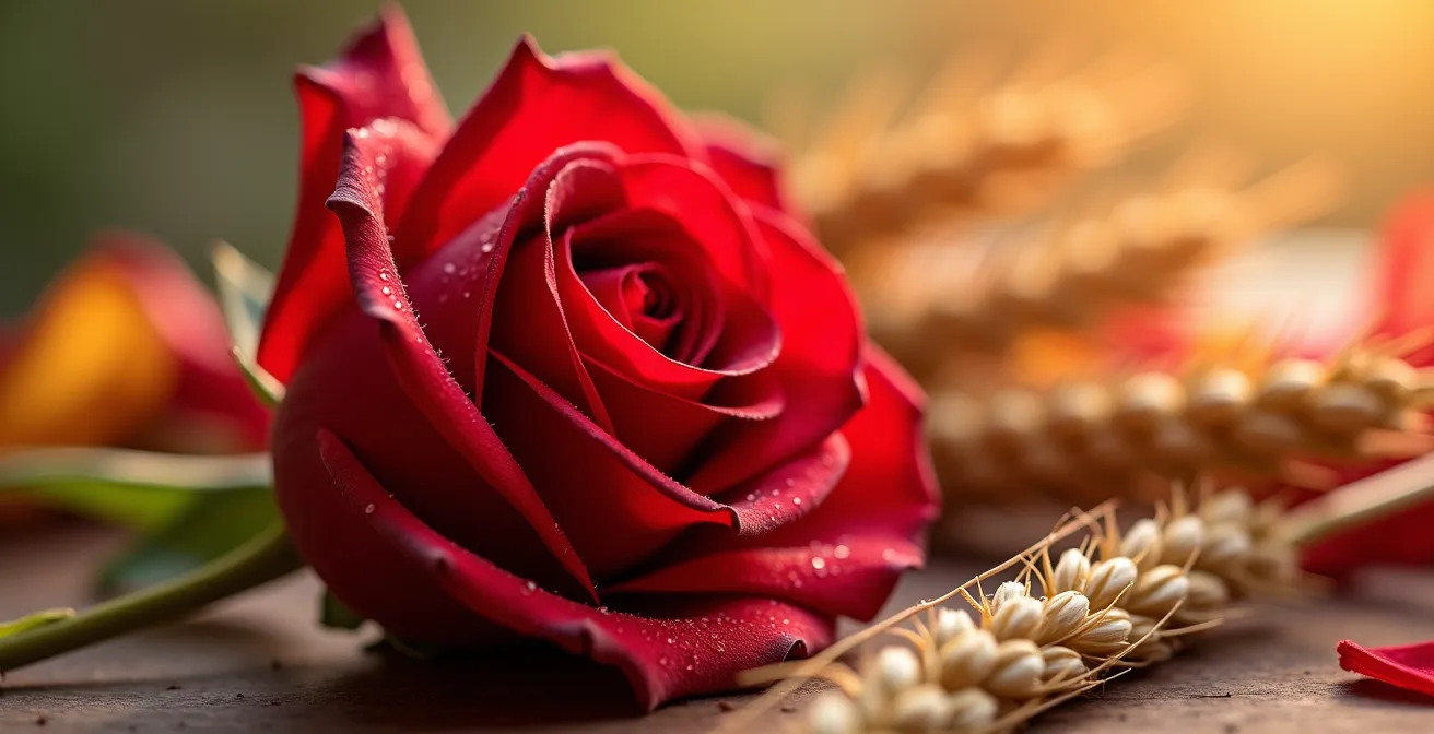 Rosa roja catalana con espiga de trigo dorado y cinta con los colores de la senyera