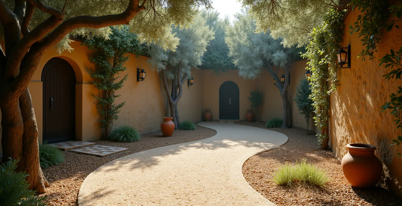 Sendero curvo de albero andaluz bordeado por lavanda y madroños en jardín romántico español