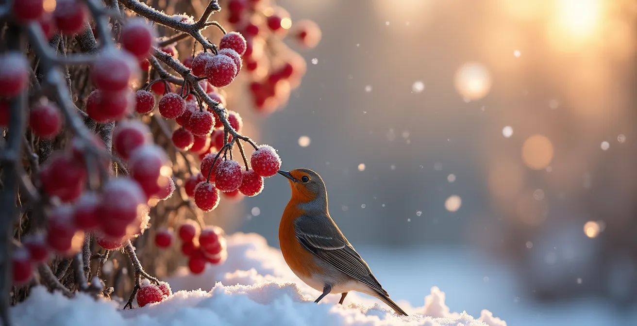Seto mixto con madroños y rosales silvestres llenos de frutos rojos con pájaros alimentándose