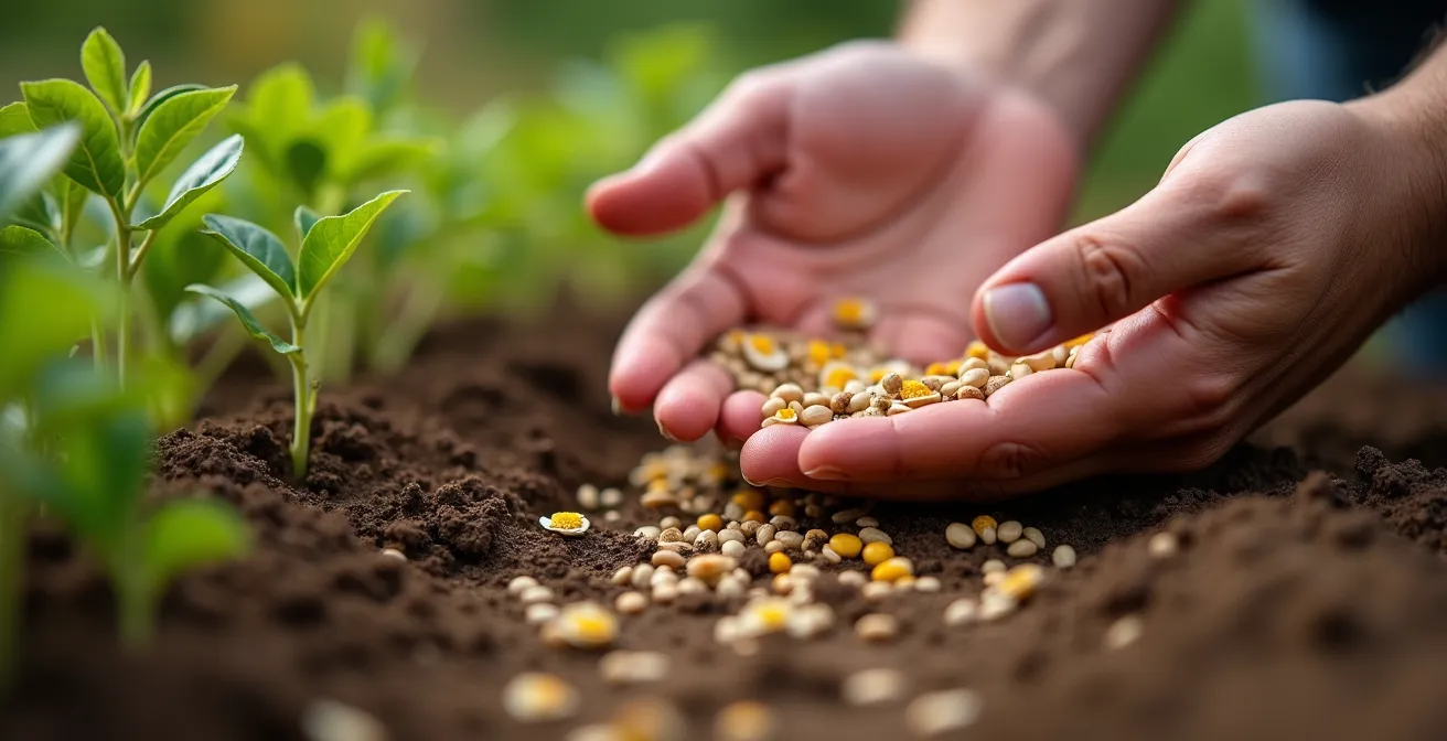 Manos sembrando semillas de flores anuales entre plantas vivaces jóvenes