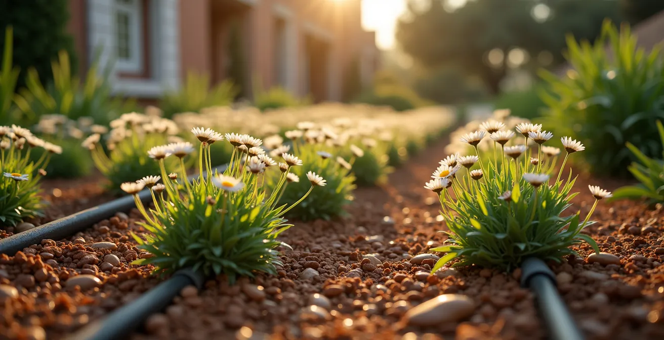 Sistema de riego por goteo en la base de margaritas en jardín mediterráneo