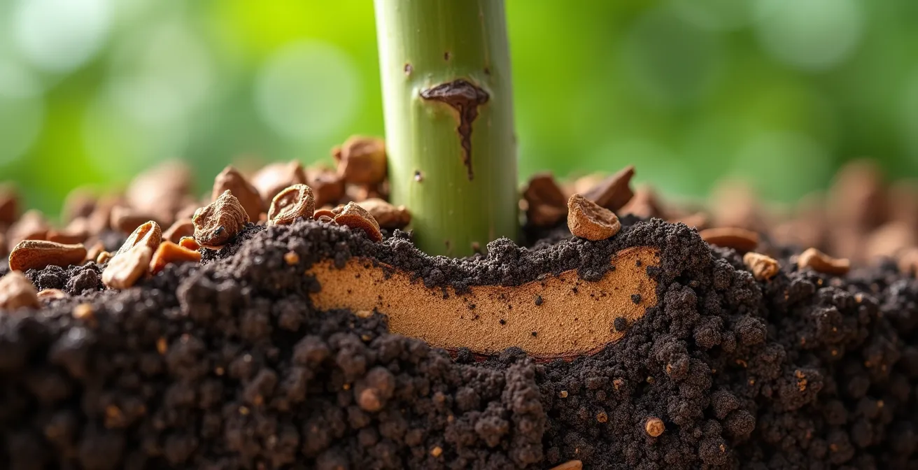 Demostración visual de la técnica correcta de acolchado evitando el efecto volcán en plantas