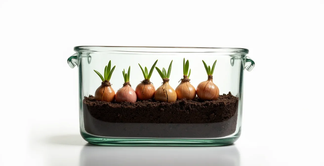 Vista lateral de maceta transparente mostrando bulbos plantados en patrón zigzag entre capas