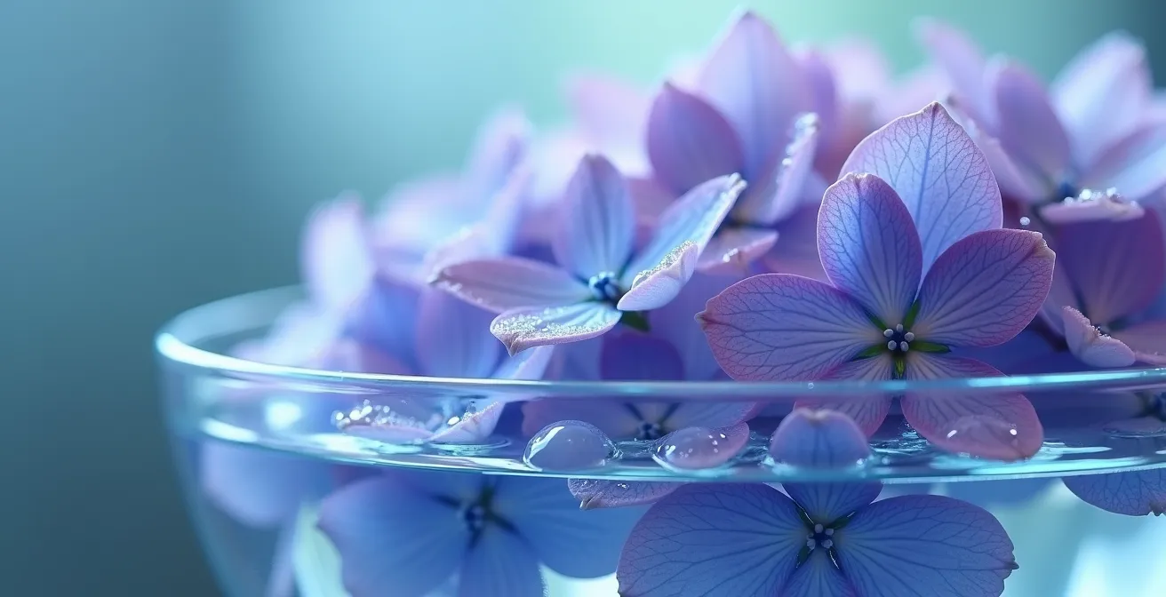 Flores sumergidas en agua fría para rehidratación de emergencia