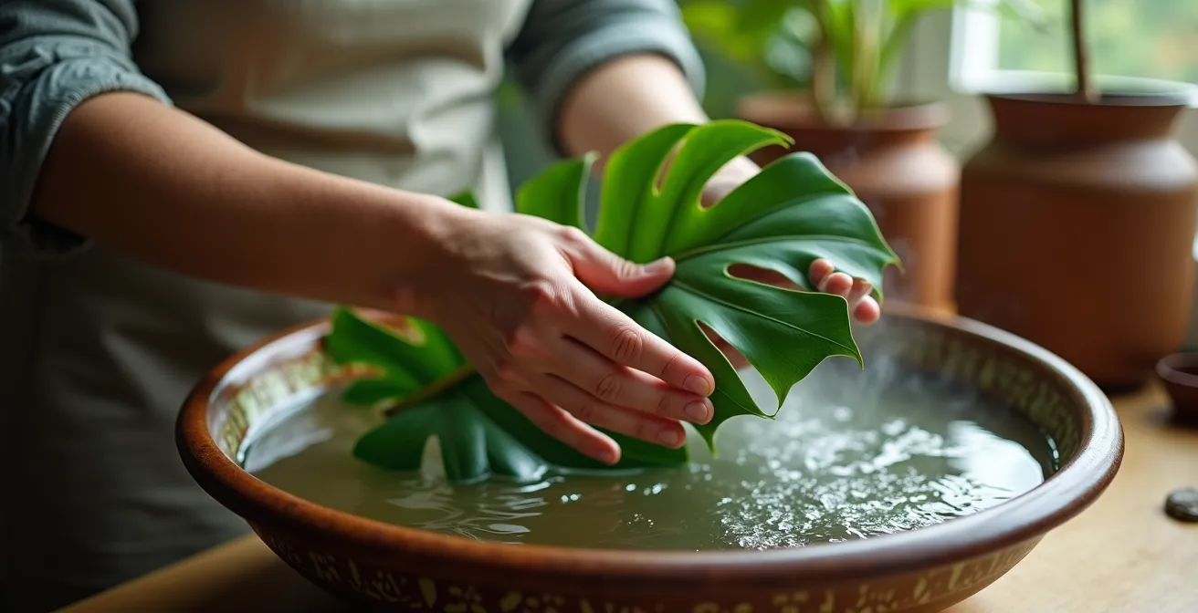Proceso de rehidratación de hojas de Monstera en un recipiente con agua tibia para devolverles la turgencia.