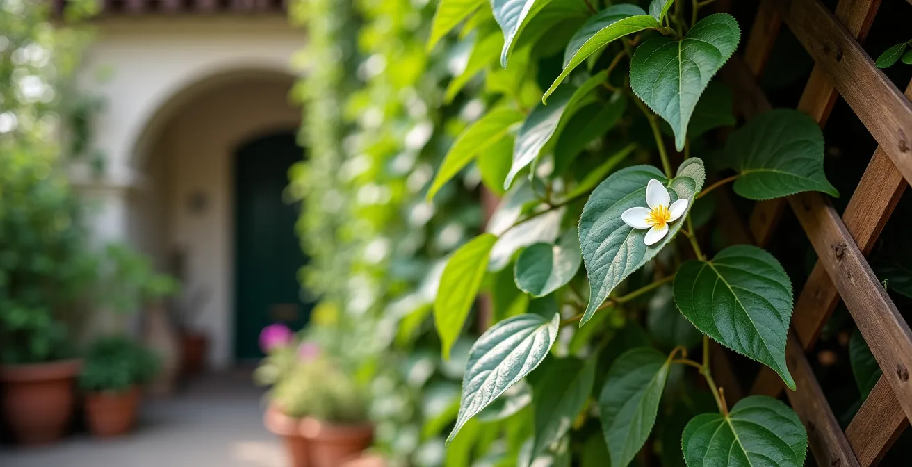 Vegetación trepadora ocultando zona de servicio con acceso lateral en jardín español